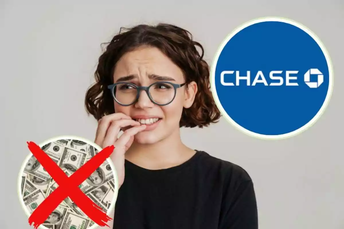 Mujer preocupada con logotipo de Chase y símbolo de dinero tachado.