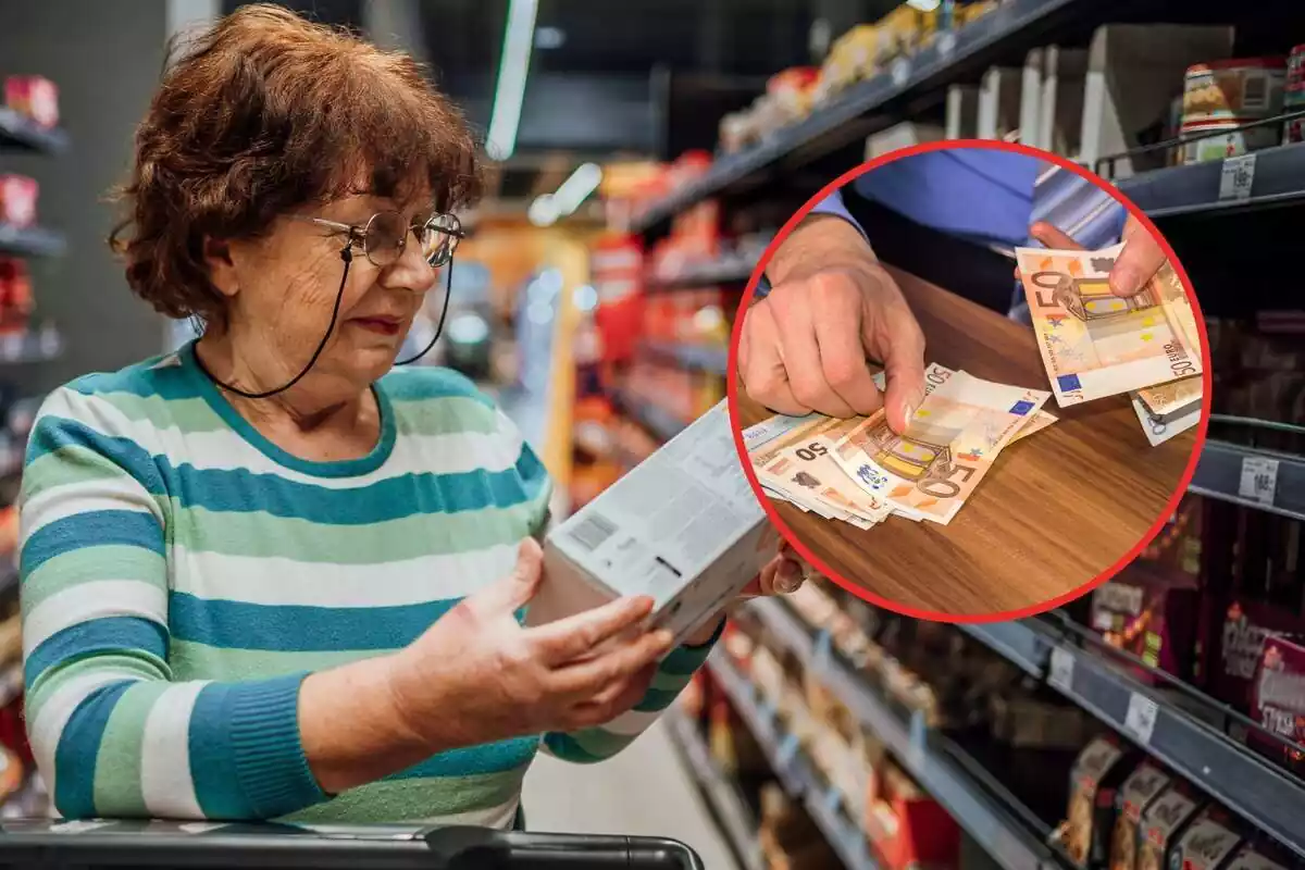 Muntatge amb una senyora gran comprant en un supermercat i bitllets d'euro