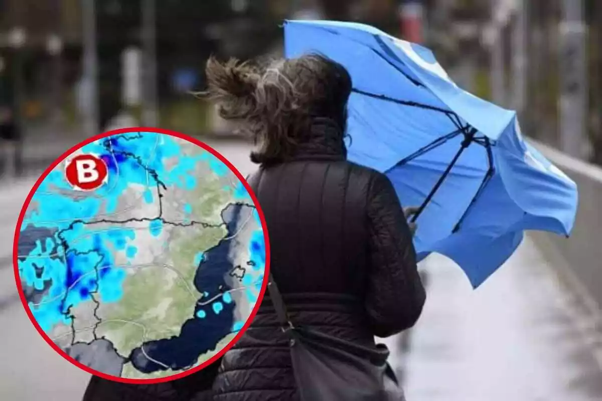Muntatge amb una dona amb un paraigua pel carrer en ple temporal de vent i pluja i un cercle amb un mapa radar