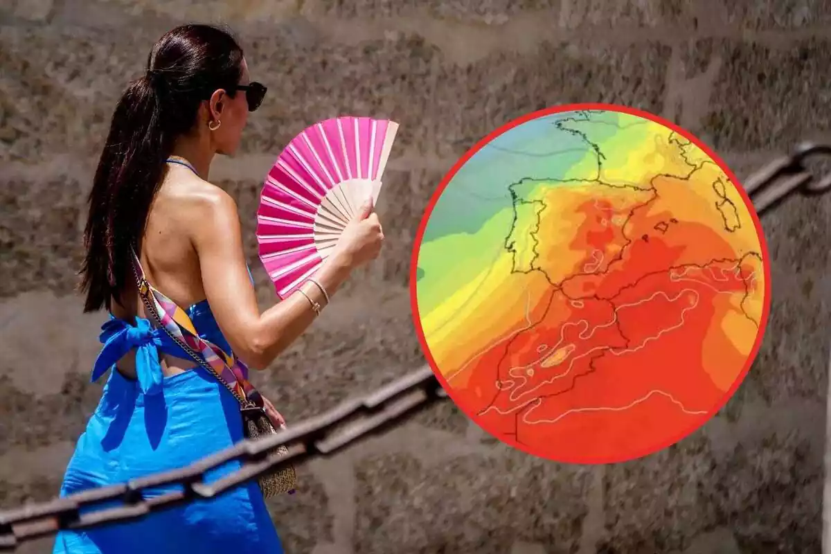 Una dona ventant-se i un mapa amb l'onada de calor Una dona ventant-se i un mapa amb l'onada de calor