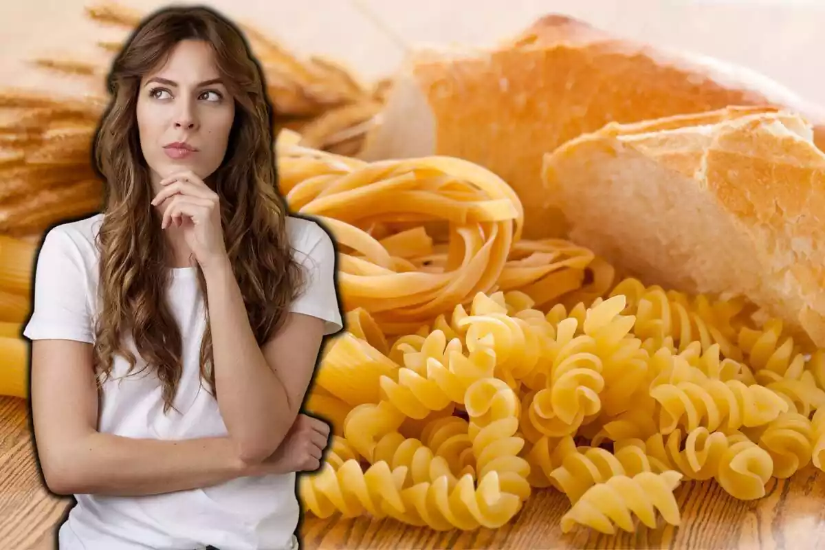 Muntatge amb una dona pensant i pasta i pa al fons