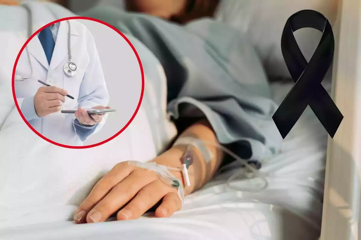Una dona al llit d'un hospital; un llaç negre de dol i al cercle, un metge
