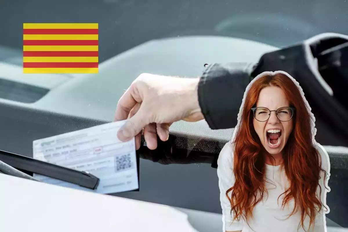 Fotomuntatge amb fons d'una multa de trànsit, una bandera catalana i una dona enfadada