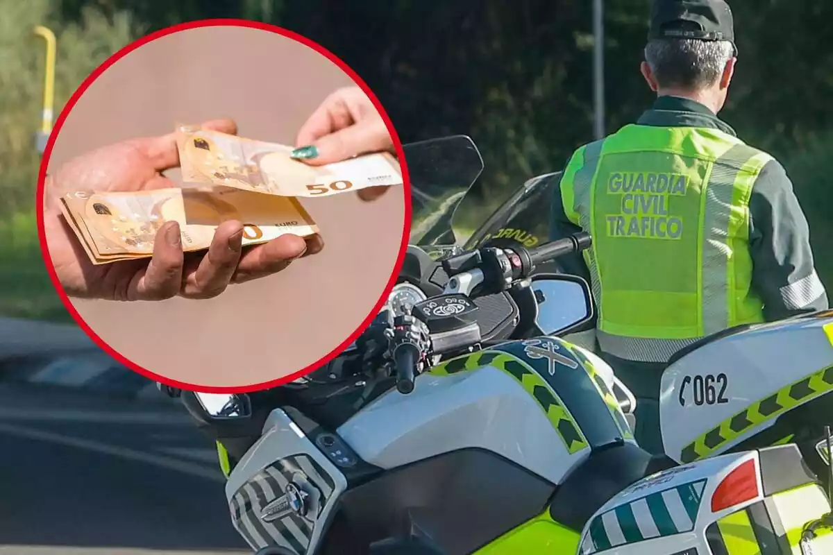 Un agent de la Guàrdia Civil, recolzat sobre una moto, i al cercle, uns bitllets de 50 euros