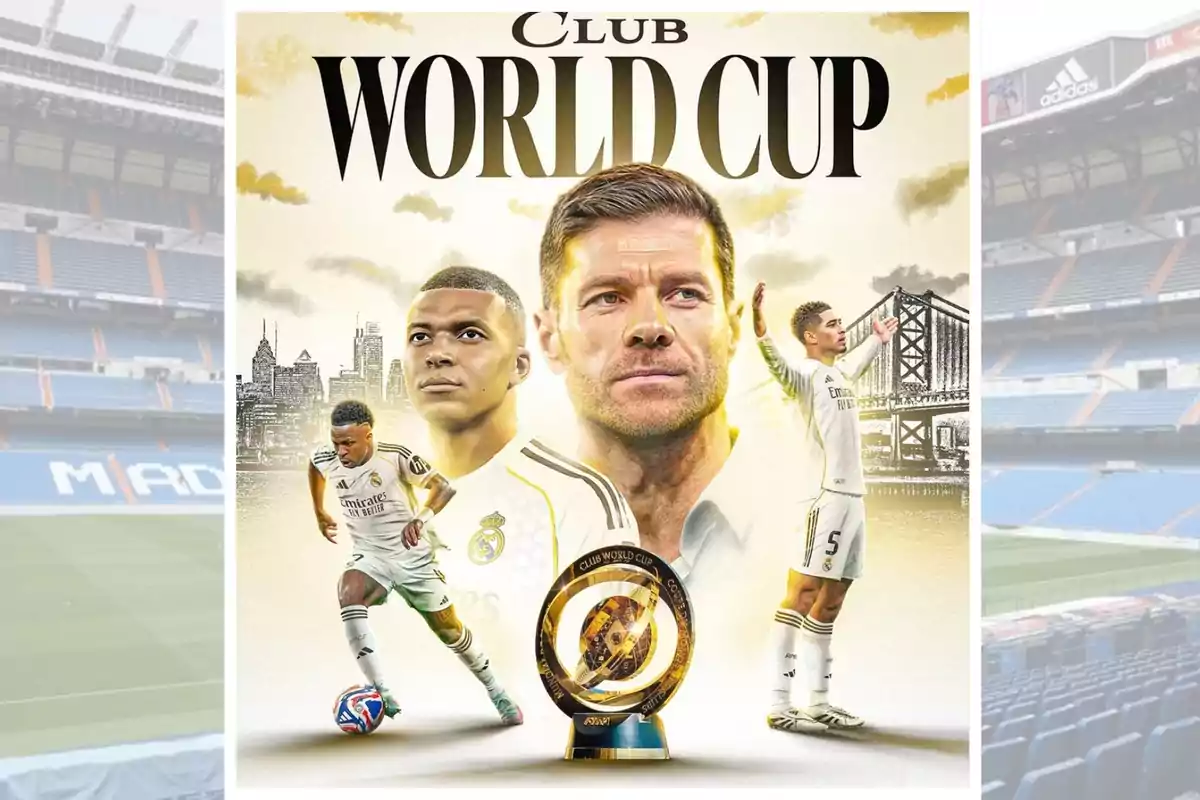 Cartell promocional del Mundial de Clubs amb jugadors i entrenador del Reial Madrid, un trofeu al centre i un fons d’estadi i ciutat Cartell promocional del Mundial de Clubs amb jugadors i entrenador del Reial Madrid, un trofeu al centre i un fons d’estadi i ciutat