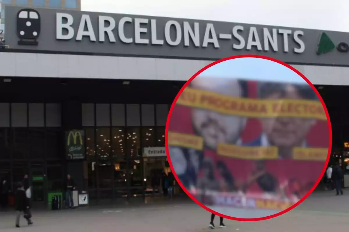Muntatge de l'estació de Sants a Barcelona i una lona contra ERC i Junts