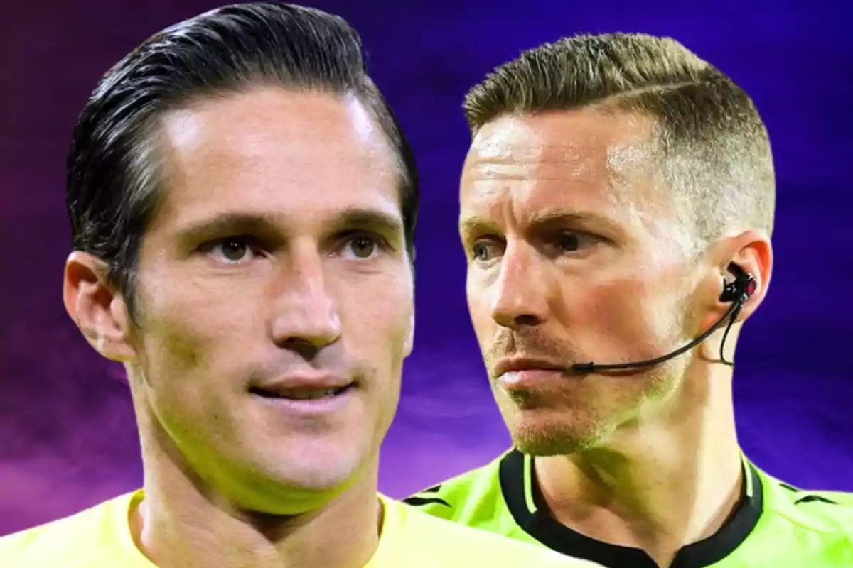 Two soccer referees in yellow uniforms with a purple background, one of them wearing a headset with a microphone.