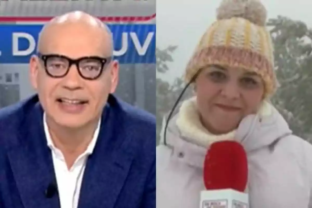 Dos personas en un entorno de noticias, Nacho Abad en un estudio y otra en exteriores con nieve en En Boca de Todos.