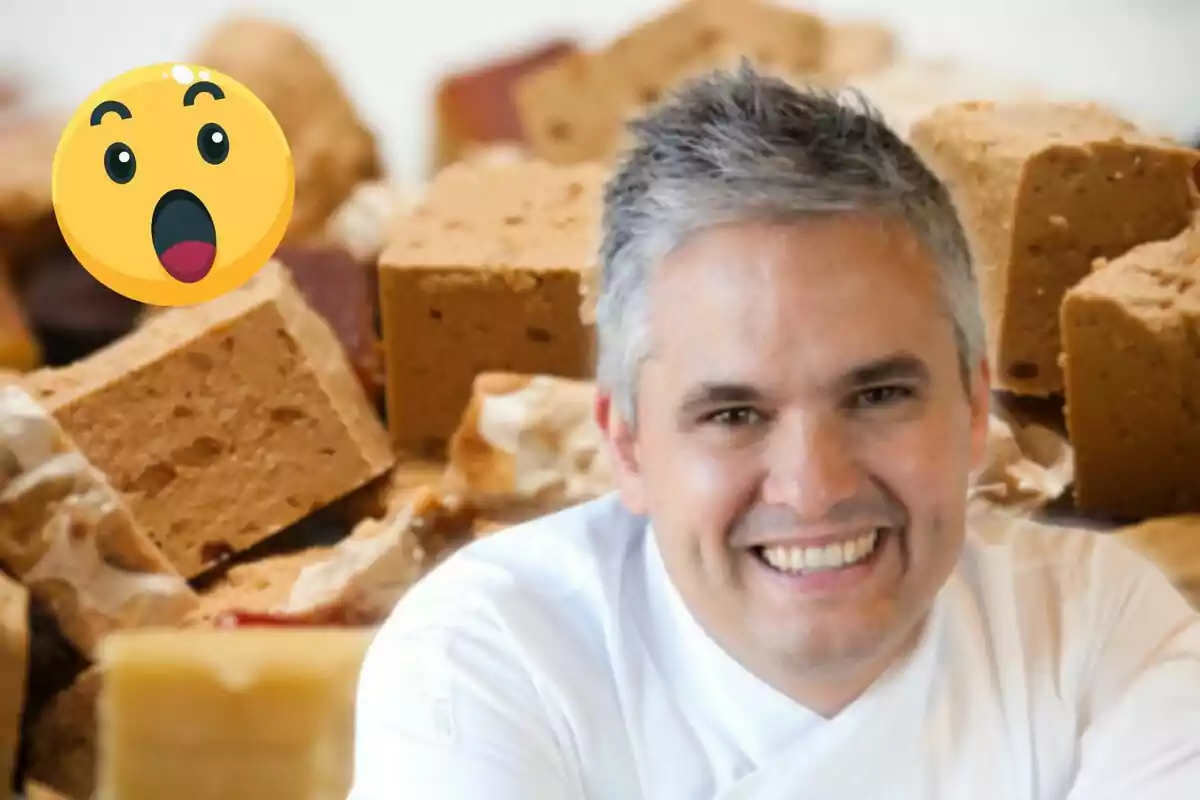 Un home somrient amb cabell canós i una jaqueta blanca està davant d'una pila de torrons amb un emoji sorprès a la cantonada superior esquerra.