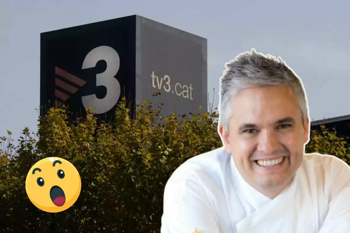 Home somrient amb un emoji sorprès i un edifici amb el logotip de TV3 al fons.