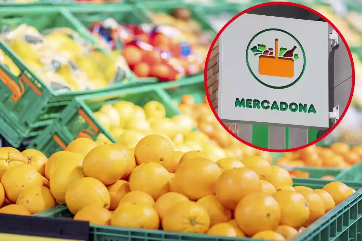Imatge de fons de fruita a una botiga Mercadona i una altra d'un logo del supermercat