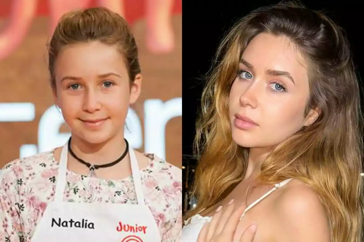 Dos imágenes lado a lado muestran a Natalia Jiménez de niña con delantal de cocina de MasterChef Junior y a ella misma de joven con cabello suelto y mirada directa.