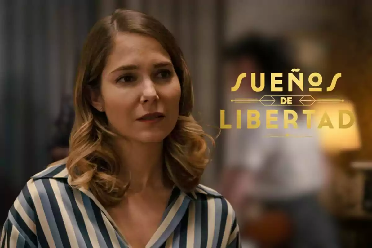 Natalia Sánchez con cabello ondulado y una blusa de rayas aparece junto al texto "Sueños de Libertad".