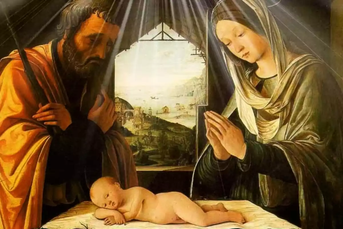 Una pintura religiosa que mostra un home i una dona pregant al costat d'un nadó ficat al llit sobre una superfície amb un paisatge visible a través d'una finestra al fons.