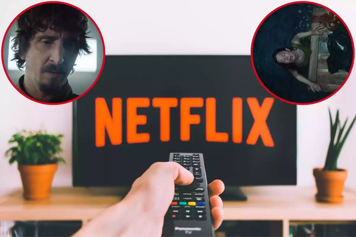 Muntatge de mà amb comandament a distància posant Netflix a la televisió i cercles amb fotogrames de les pel·lícules 'El Hoyo' i 'Nowhere'