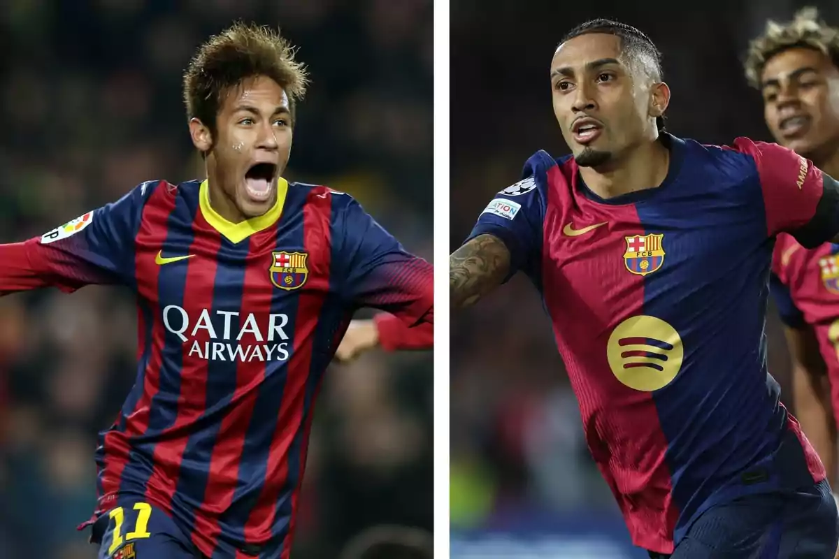 Two FC Barcelona football players celebrating on the field in uniforms from different seasons. Two FC Barcelona football players celebrating on the field in uniforms from different seasons.