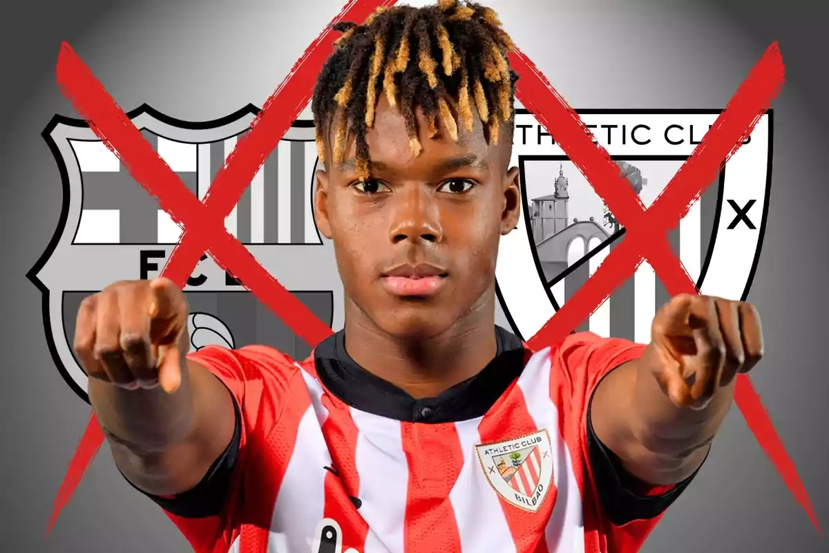 Un jugador de futbol amb la samarreta de l'Athletic Club de Bilbao assenyala cap endavant, amb els escuts del FC Barcelona i l'Athletic Club darrere, tots dos ratllats amb una X vermella.