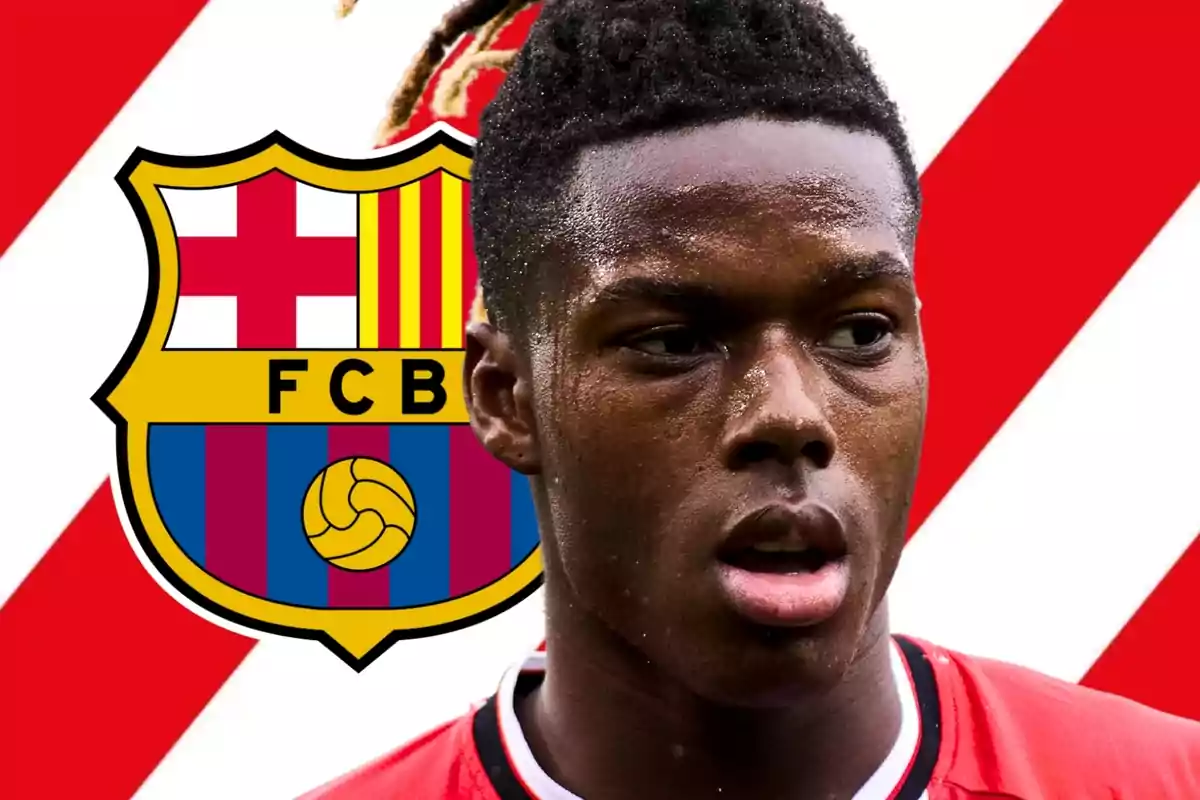 A player in a red jersey appears in front of the FC Barcelona crest against a background with red and white diagonal stripes.