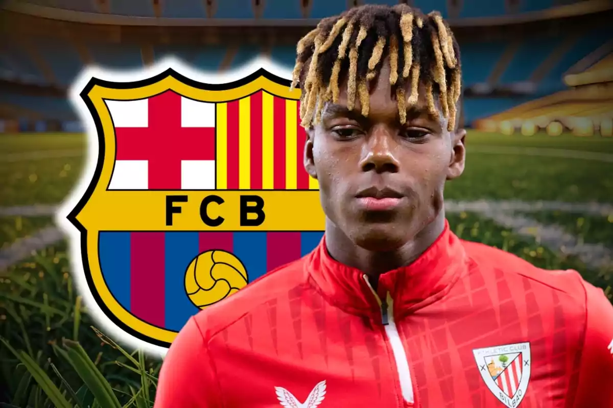 Athletic Club player with the FC Barcelona crest in the background at a stadium