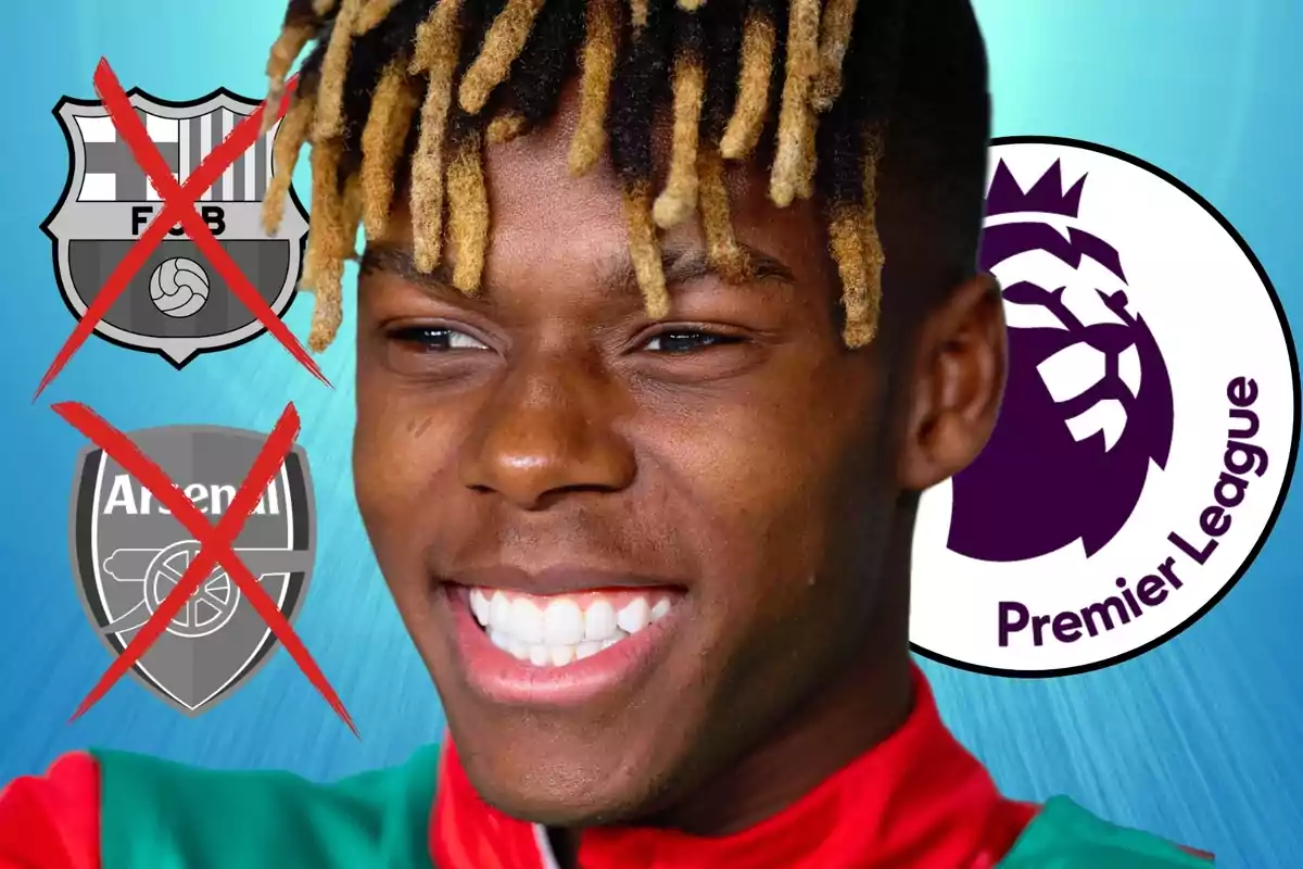 Un joven sonriente con rastas rubias y negras, junto a los logotipos tachados de dos equipos de fútbol y el logo de la Premier League.