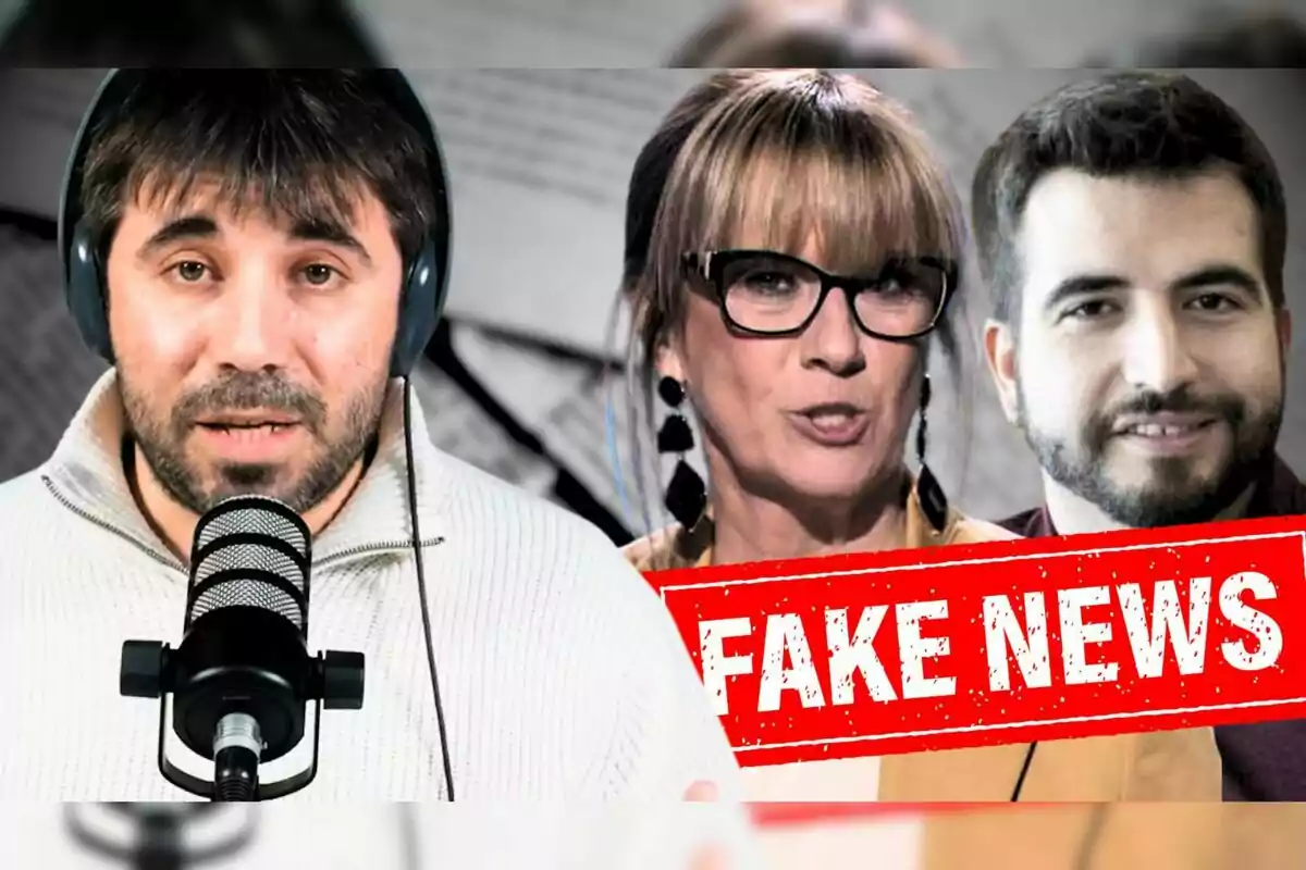 People speaking in front of a microphone with a stamp that says "Fake News" on the image.