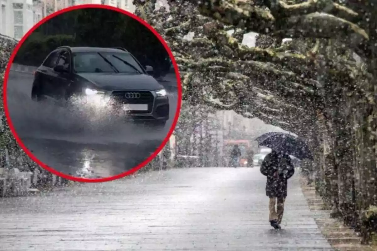 Imatge de fons d'una persona caminant sota la neu amb un paraigua a una ciutat i una altra d'un cotxe passant per un toll