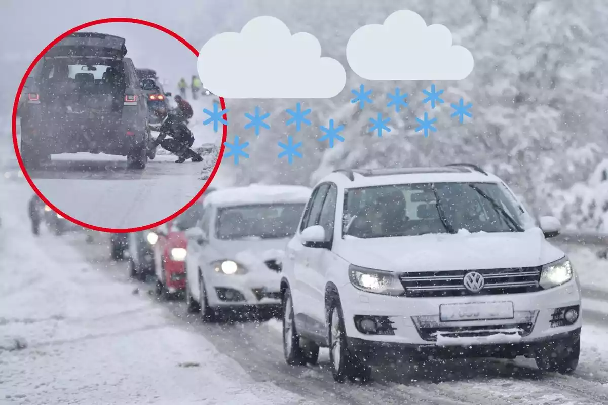 Imatge de diversos vehicle circulant per una carretera nevada, mentre neva, i una altra d'un cotxe parat amb un home posant cadenes sota la neu, a més de dues emoticones de núvols amb neu
