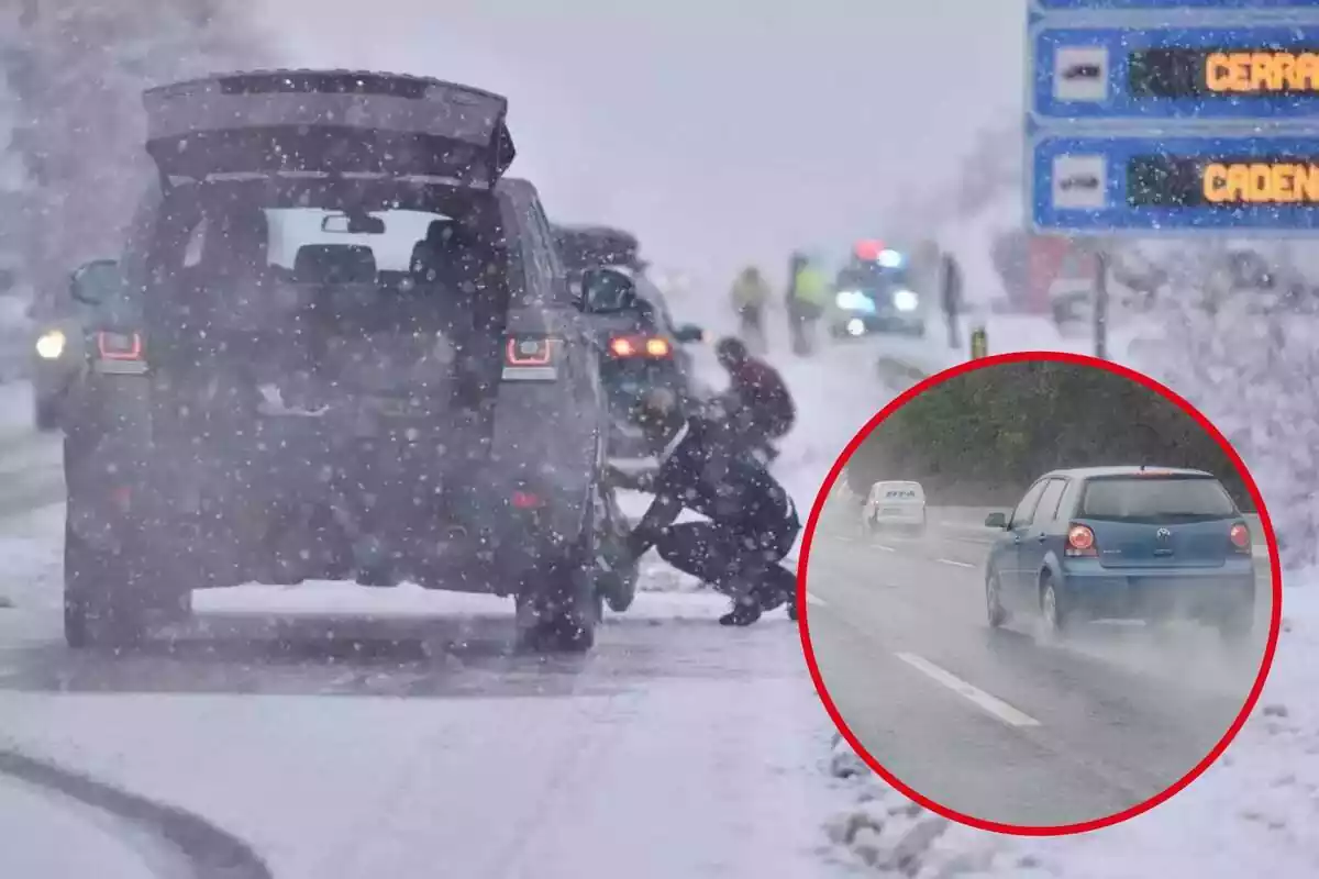 Imatge de fons d´un cotxe aturat en una carretera amb neu i una altra d´un cotxe circulant amb pluja