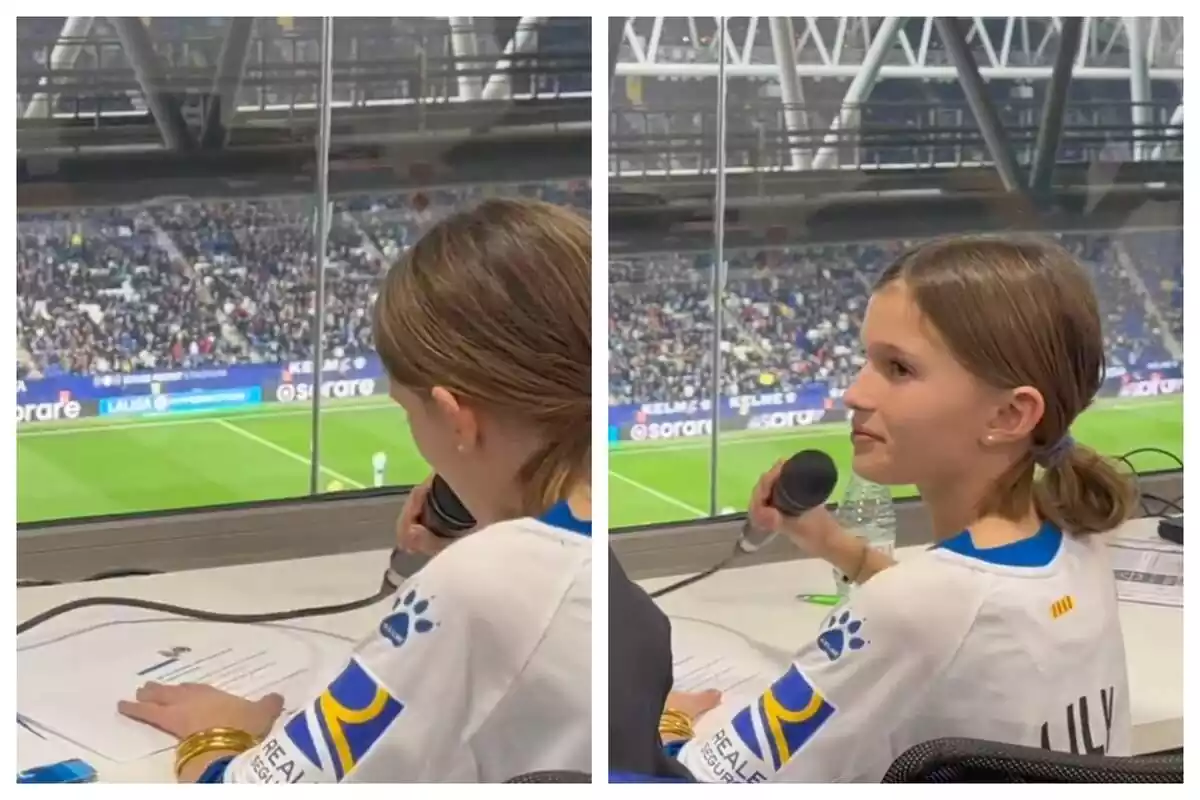 Muntatge de dues fotos de pla curt de la nena que va ser speaker d'un partit del RCDE Espanyol durant uns minuts
