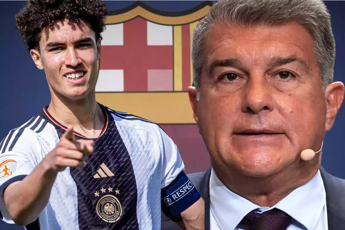 Noah Darvich i Joan Laporta en primer pla amb l'escut del Barça de fons