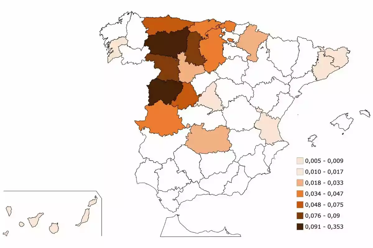 Mapa d´Espanya amb les províncies acolorides segons una escala de valors que van de 0,005 a 0,353. Mapa d´Espanya amb les províncies acolorides segons una escala de valors que van de 0,005 a 0,353.