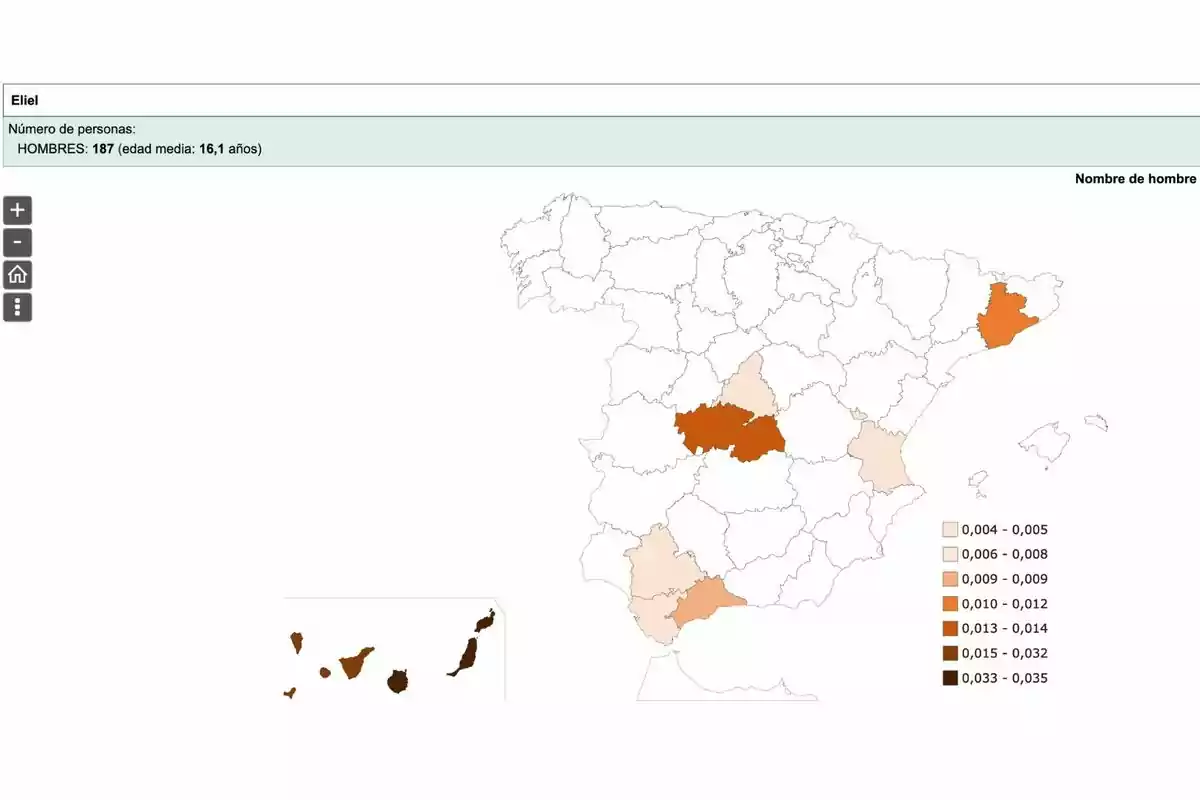 Mapa d'Espanya que mostra la distribució del nom Eliel entre homes, amb un total de 187 persones i una edat mitjana de 16,1 anys, utilitzant una escala de colors per representar la densitat per regió. Mapa d'Espanya que mostra la distribució del nom Eliel entre homes, amb un total de 187 persones i una edat mitjana de 16,1 anys, utilitzant una escala de colors per representar la densitat per regió.