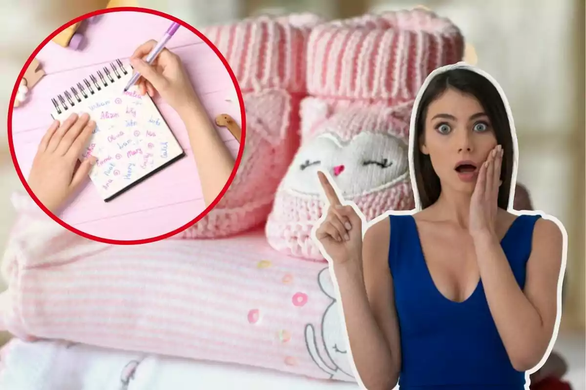 Una dona sorpresa assenyala cap a un cercle vermell que conté una imatge de mans escrivint noms en un quadern, amb un fons de roba de bebè en tons rosats.