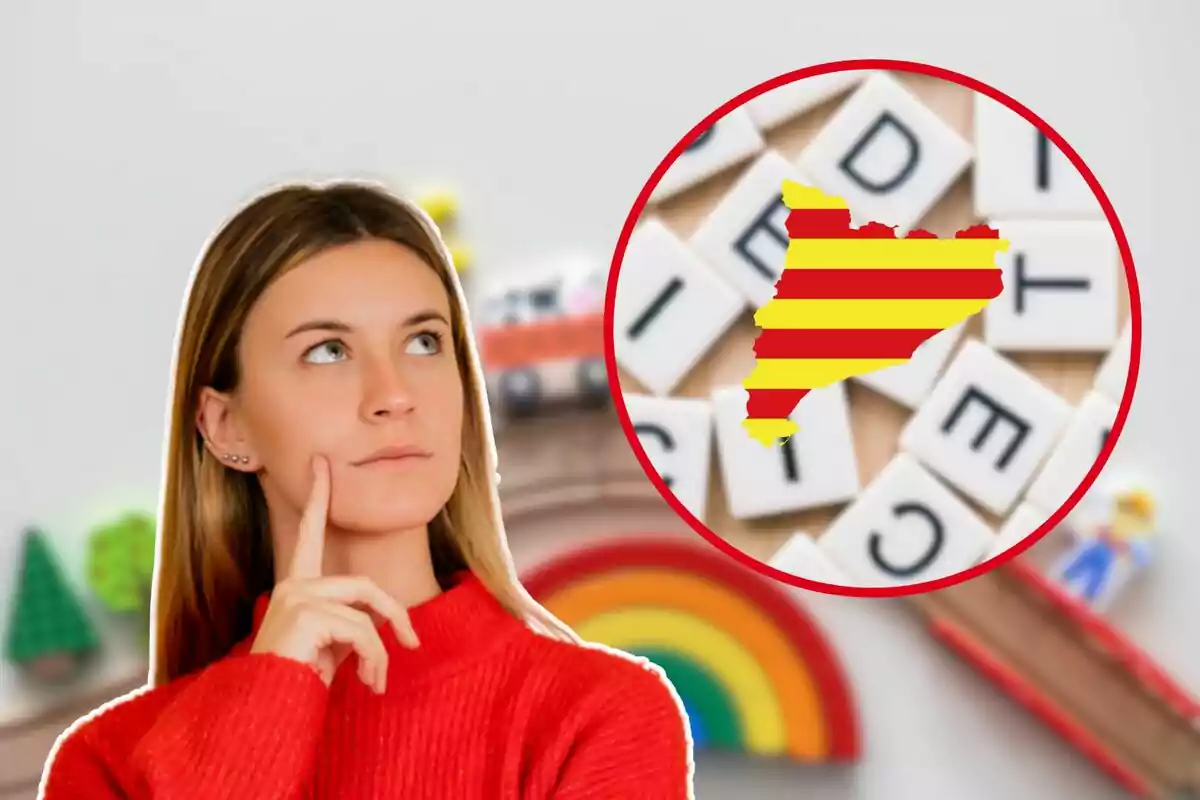 Dona pensativa amb un mapa de Catalunya en un cercle sobre un fons de lletres de Scrabble.