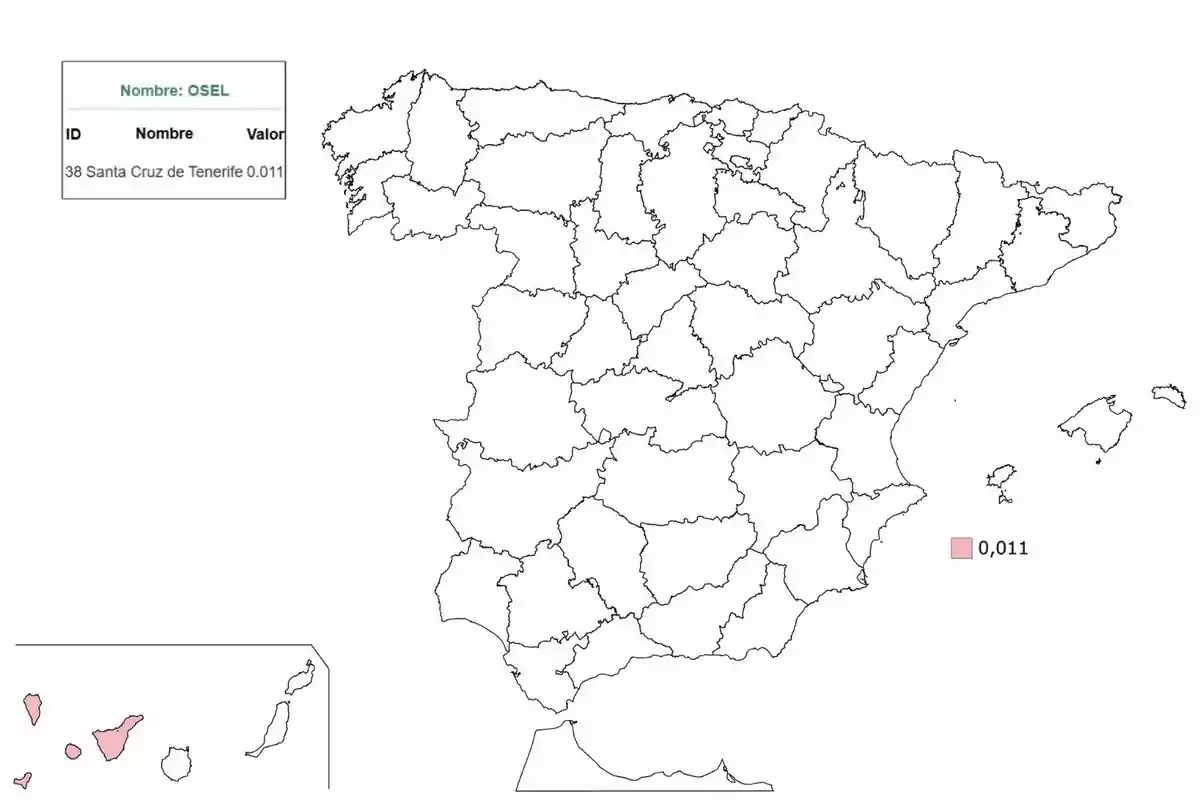 Mapa d´Espanya amb les províncies delineades i Santa Cruz de Tenerife ressaltada en rosa, acompanyat d´un requadre que mostra el nom OSEL i un valor de 0.011. Mapa d´Espanya amb les províncies delineades i Santa Cruz de Tenerife ressaltada en rosa, acompanyat d´un requadre que mostra el nom OSEL i un valor de 0.011.