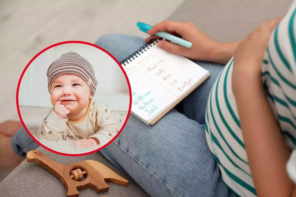 Dona embarassada amb llista de noms per a nadó i cercle vermell amb nadó somrient