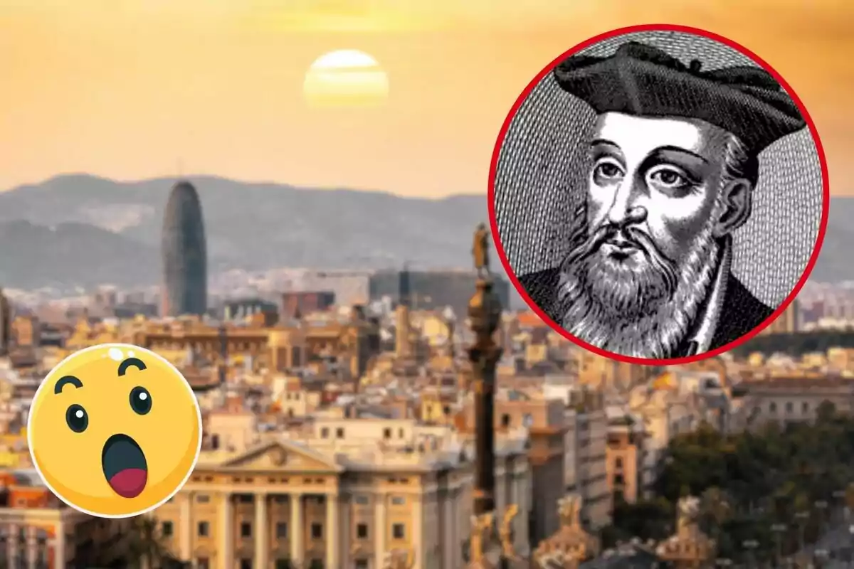 Il·lustració d'un home amb barba i barret en un cercle vermell sobre una vista panoràmica d'una ciutat cap al tard amb un emoji sorprès a la cantonada.