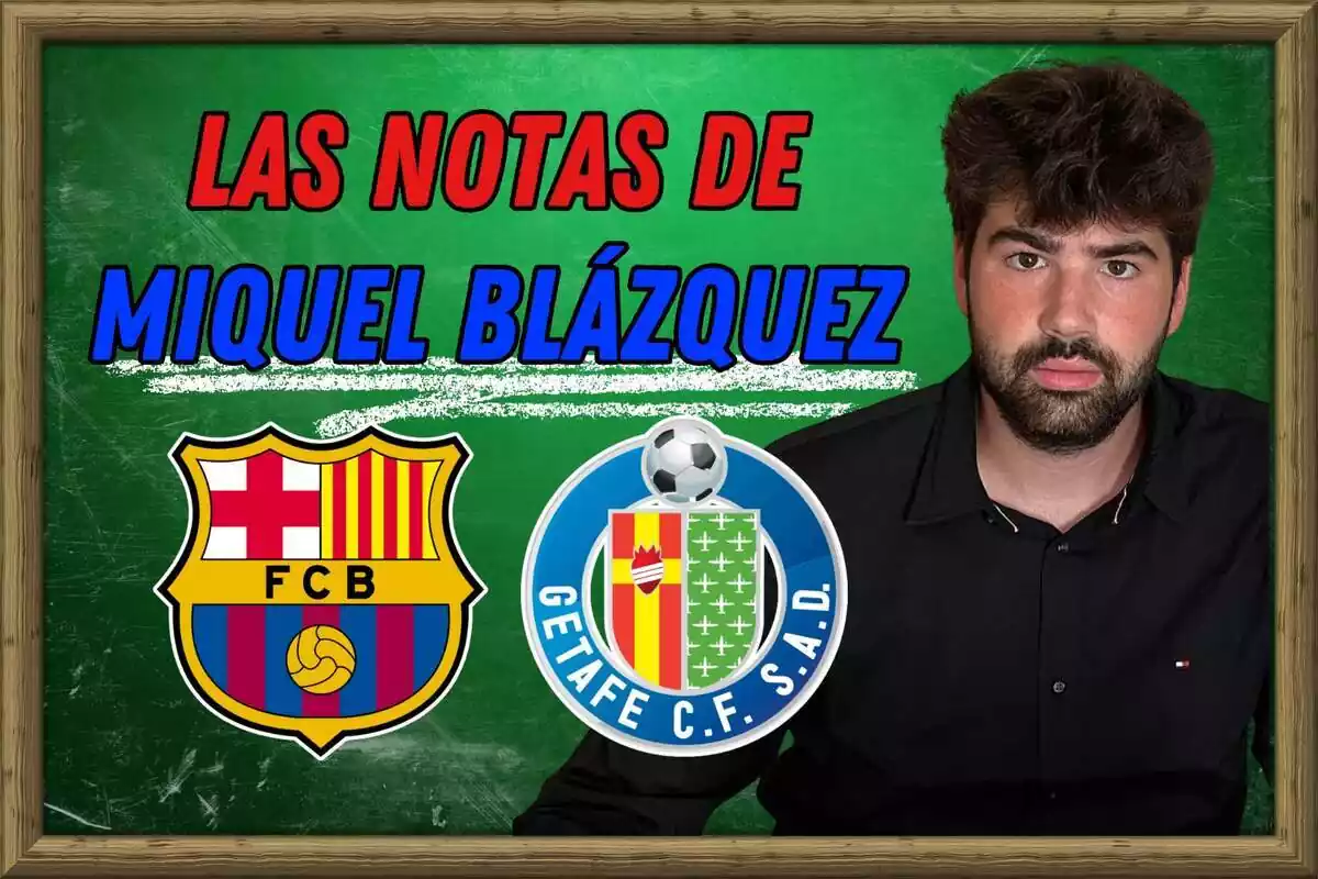 Muntatge de Miquel Blázquez amb els escuts del FC Barcelona i el Getafe davant una pissarra