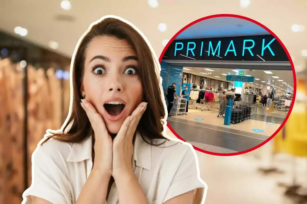 Mujer sorprendida con las manos en el rostro y una imagen de una tienda Primark en un círculo rojo.