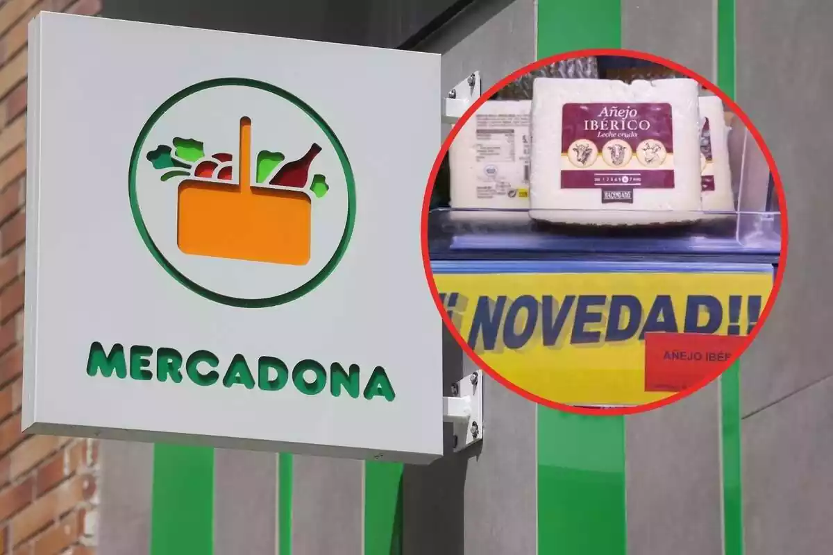 Muntatge amb un logotip d'una botiga Mercadona i un nou formatge