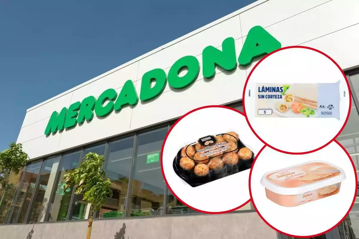 Muntatge amb façana d'un supermercat Mercadona i tres cercles a cadascun dels quals es veu una novetat: làmines sense escorça, entrepans de formatge i formatge de salmó
