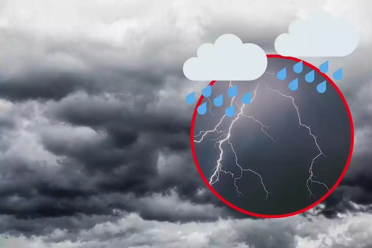 Muntatge amb uns núvols de tempesta, raigs i emojis de pluja