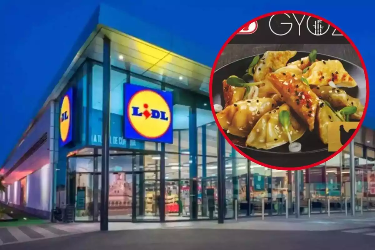 Muntatge amb l´exterior d´una botiga de Lidl i un cercle amb la bossa de gyozas de pollastre que ven la cadena