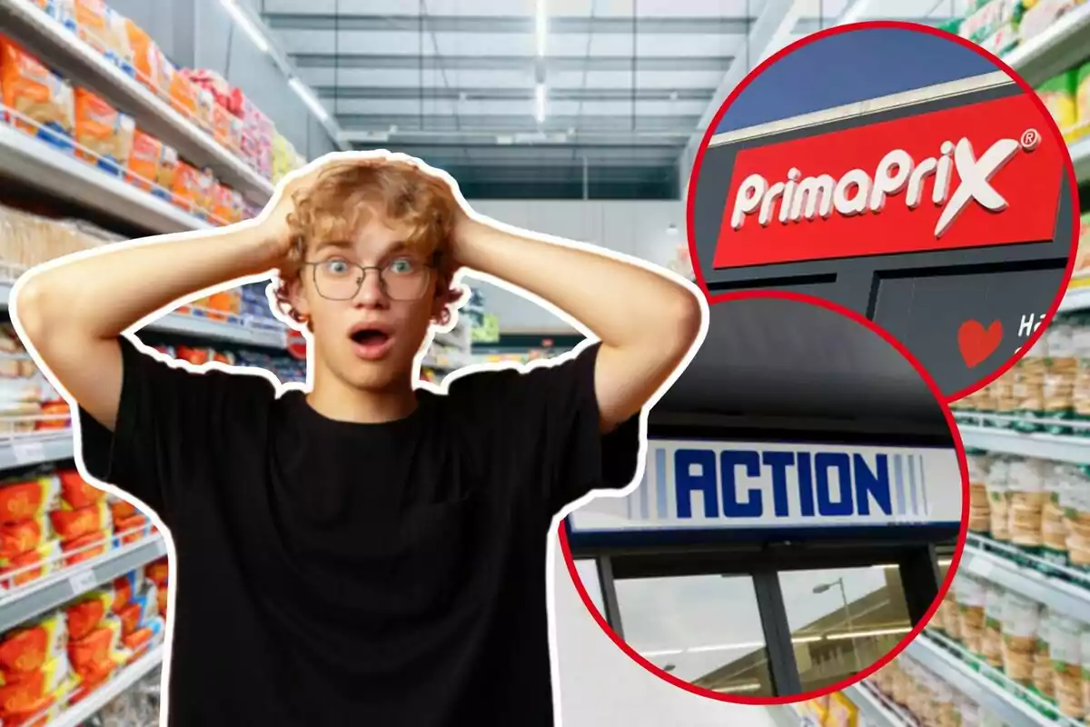 A young man with a surprised expression is in a supermarket aisle surrounded by products and two store logos.