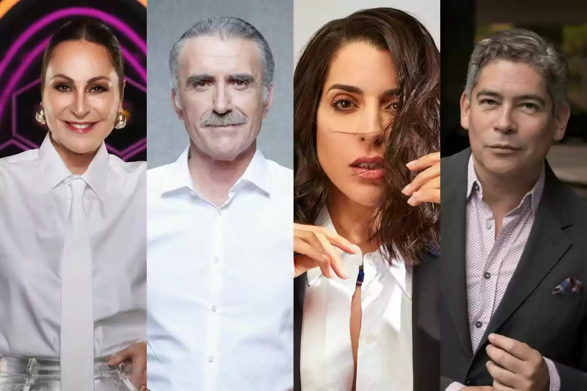 Juan y Medio, Ruth Lorenzo, Boris Izaguirre i Ana Milán posant en un collage, cadascun amb una expressió facial diferent i vestimenta formal com a investigadors de Mask Singer. Juan y Medio, Ruth Lorenzo, Boris Izaguirre i Ana Milán posant en un collage, cadascun amb una expressió facial diferent i vestimenta formal com a investigadors de Mask Singer.