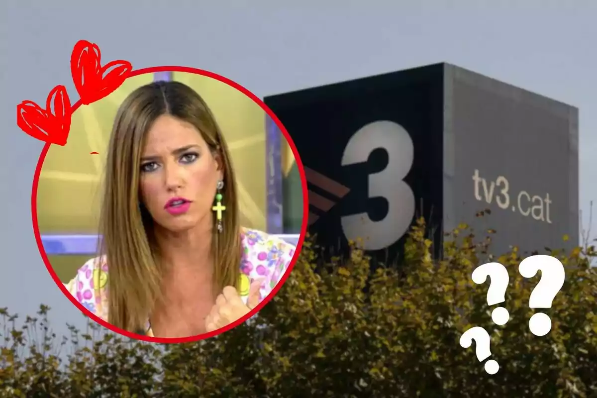 Una dona amb expressió seriosa dins d'un cercle vermell amb cors vermells dibuixats, al costat d'un edifici amb el logotip de TV3 i el text "tv3.cat", amb signes d'interrogació blancs a la cantonada inferior dreta.