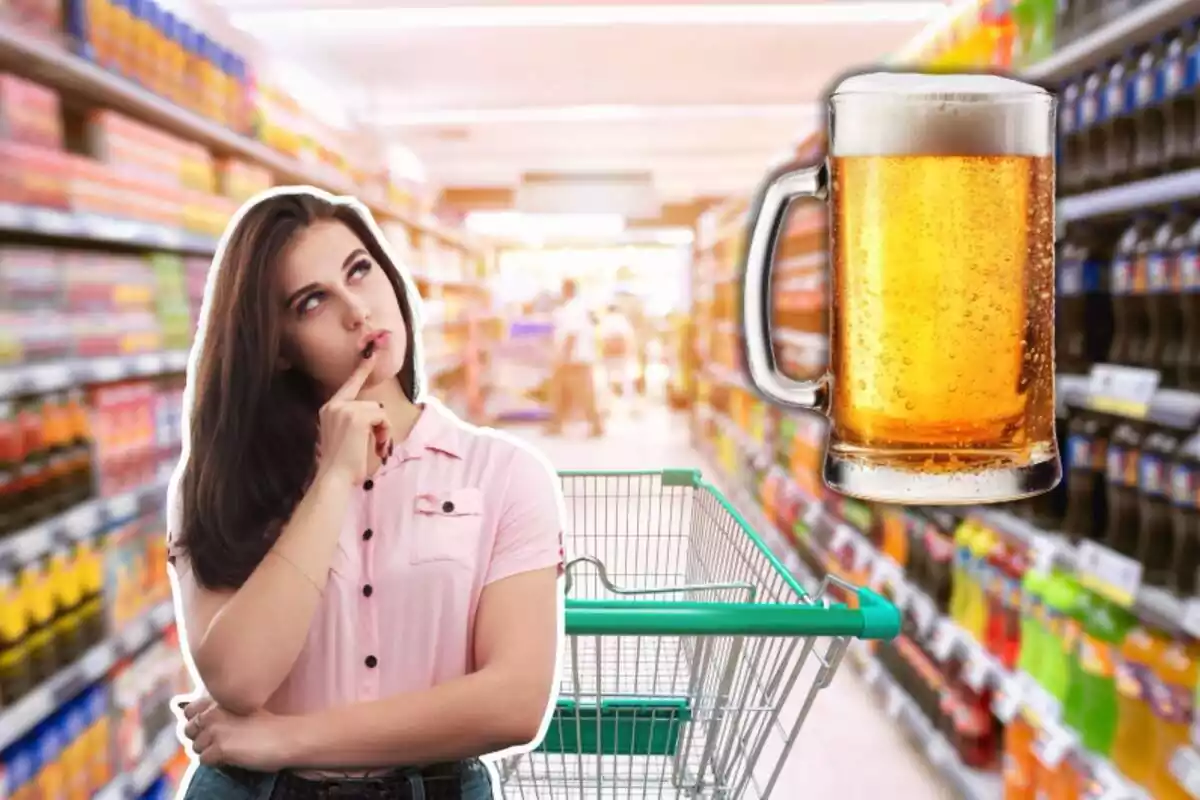 Dona pensant en cervesa de supermercat