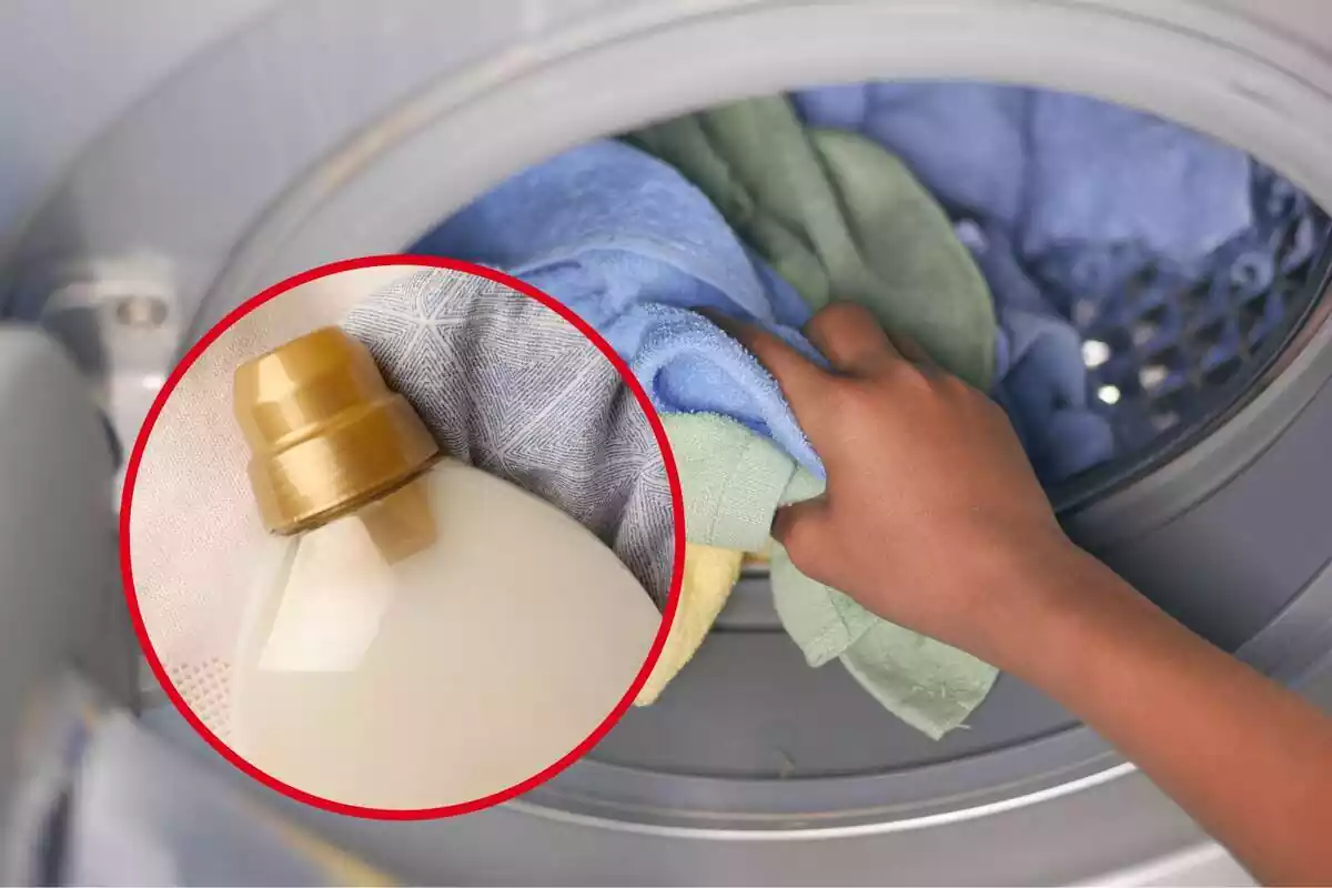Fragment de coll i tap de pot de detergent o suavitzant de to crema, en cercle vermell sobre imatge de mà introduint tovalloles de colors al bombo de la rentadora
