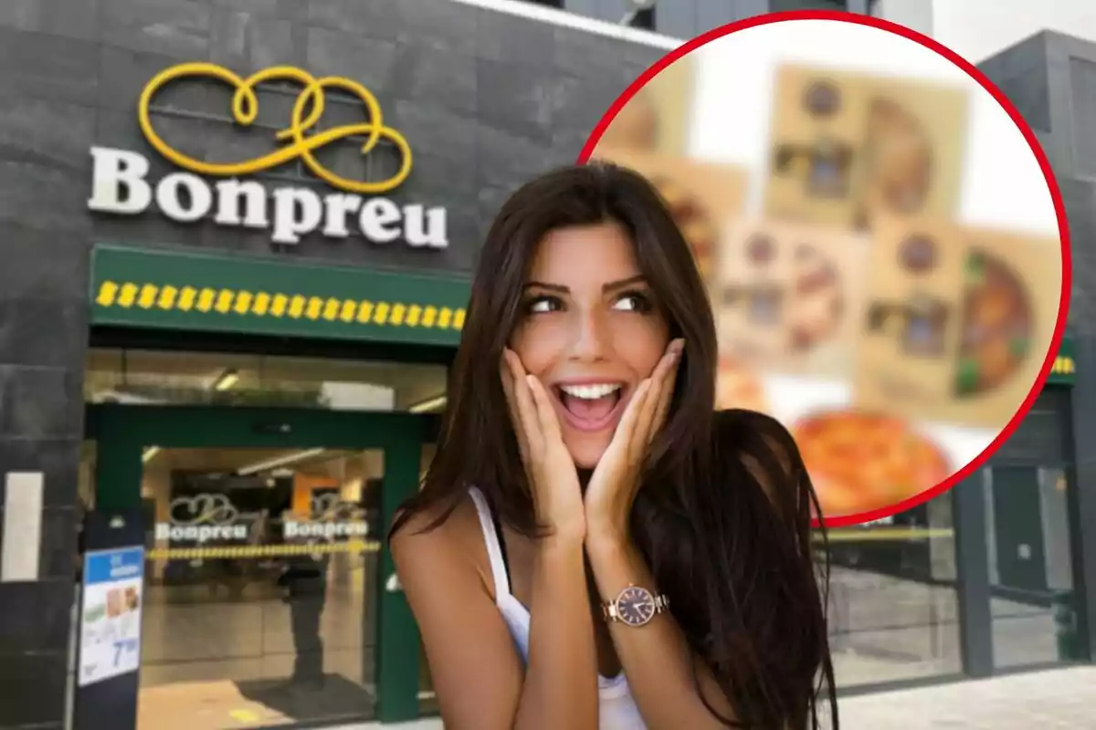 Una dona somrient amb les mans a les galtes està dreta davant d'una botiga Bonpreu.