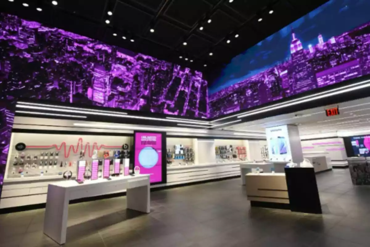 Technology store with purple lighting and digital screens on the walls. Technology store with purple lighting and digital screens on the walls.